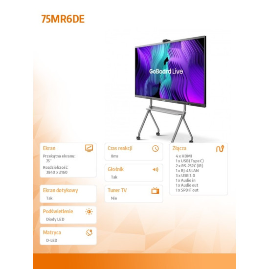 Monitor interaktywny 75MR6DE 75 cali 4K GoBoard Live zaawansowany wyświetlacz interaktywny z wbudowaną kamerą 4K