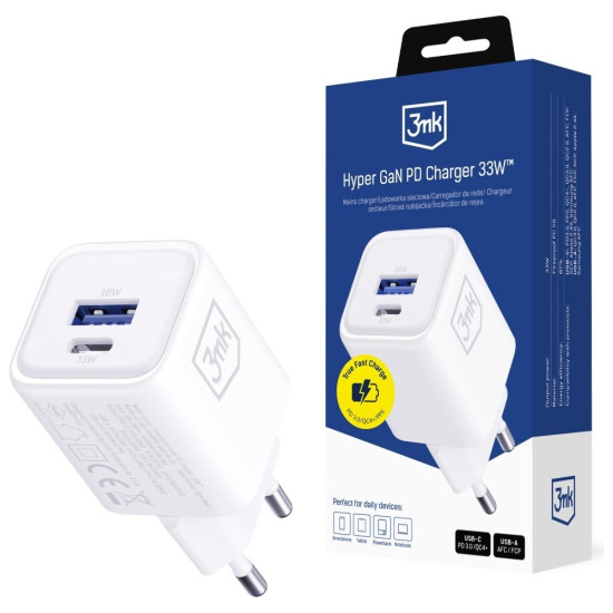 Ładowarka sieciowa Hyper Charger PD 33W GaN QC4+ PPS AFC FCP SCP USB-A USB-C biała 