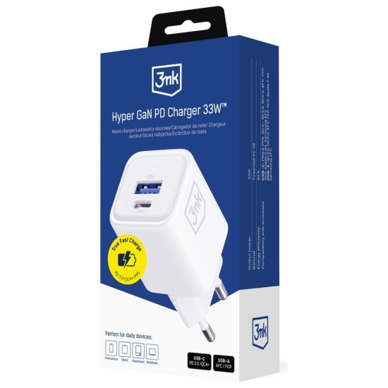 Ładowarka sieciowa Hyper Charger PD 33W GaN QC4+ PPS AFC FCP SCP USB-A USB-C biała 