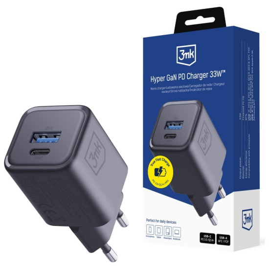 Ładowarka sieciowa Hyper Charger PD 33W GaN QC4+ PPS AFC FCP SCP USB-A USB-C czarna 