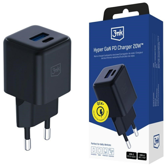Ładowarka sieciowa Hyper GaN 20W 1xUSB-A 1xUSB-C PD QC4+ czarna 