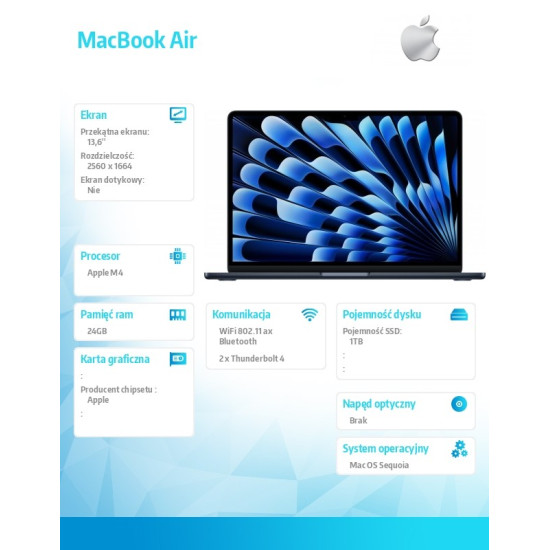 MacBook Air 13.6 cala: M4 10/10, 24GB, 1TB SSD, 35W - Północ