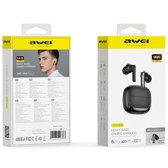 Słuchawki bezprzewodowe Bluetooth 6.0 TWS ANC TA19 czarne 