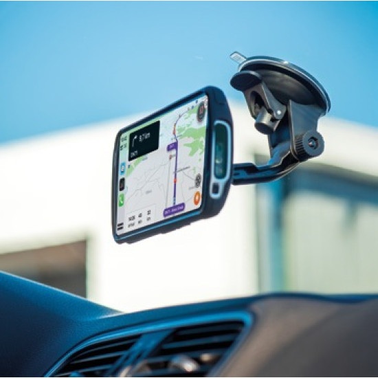 Ultra-functional, ergonomic with its rotating clamp and 360 ? swivel, this smartphone holder attaches to the windshield of your vehicle with a suction cup.